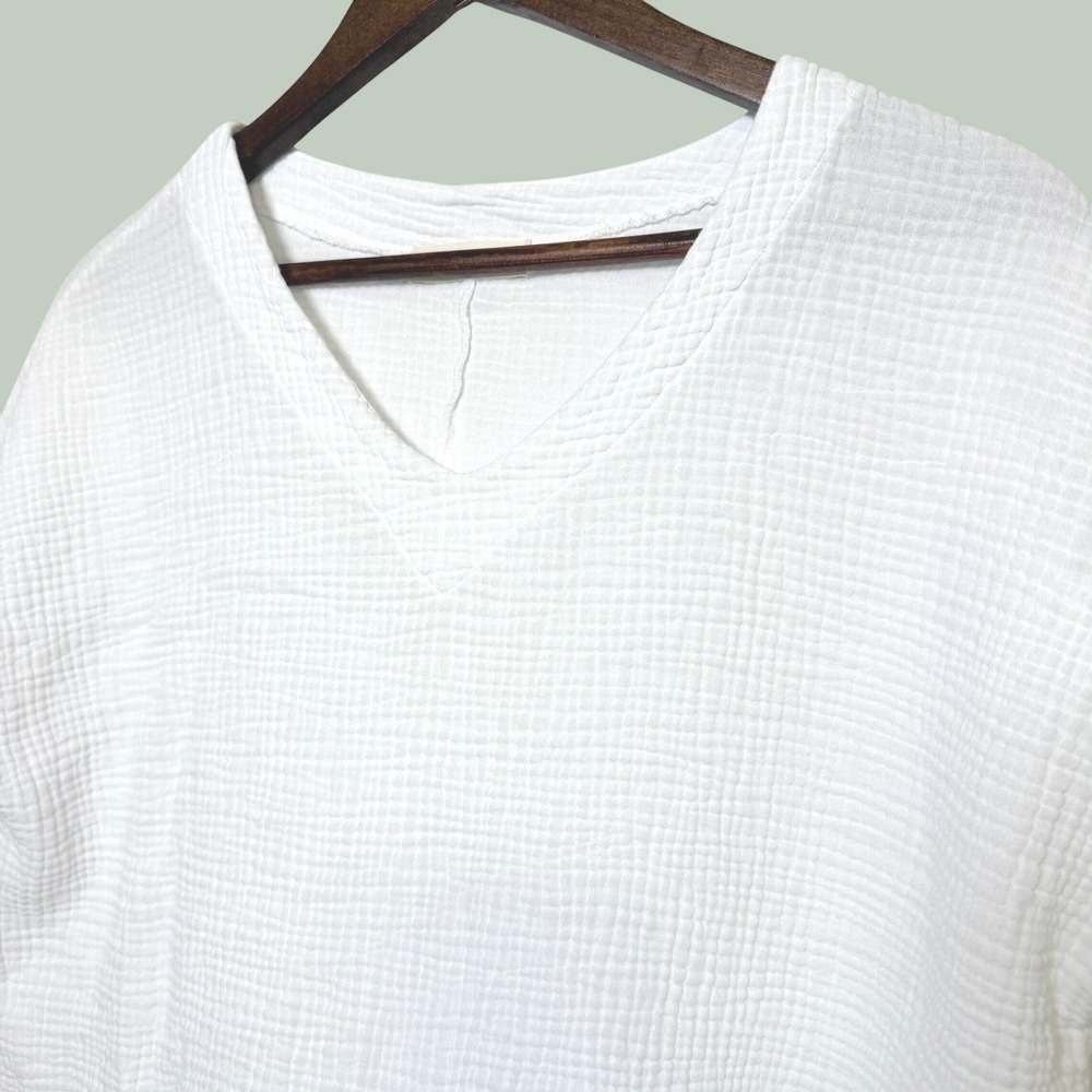 Jess & Jane Womens White Cotton Double Gauze V-Neck Top M104-000 Made in USA M